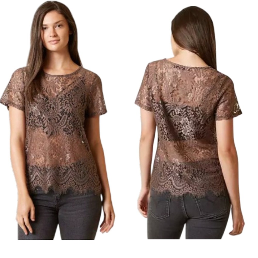 BKE Boutique Brown Lace Short Sleeve Sheer Top BTQM46071 Womens Large Boho Chic - Picture 3 of 9